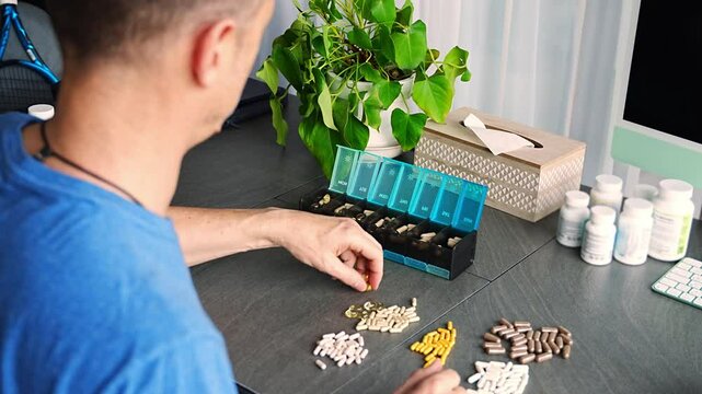 Man sorting his pills and supplements into a weekly pill organizer. Concept of medication management and daily health routine