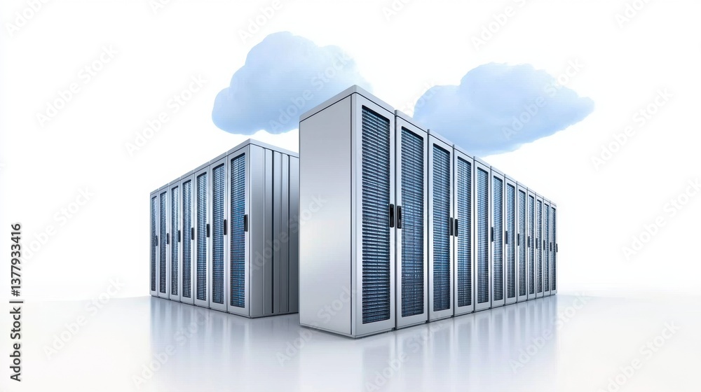 Poster a modern data center featuring sleek server racks under a blue sky with clouds, symbolizing technolo