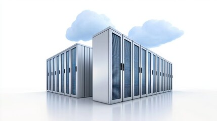 A modern data center featuring sleek server racks under a blue sky with clouds, symbolizing technology and cloud computing.