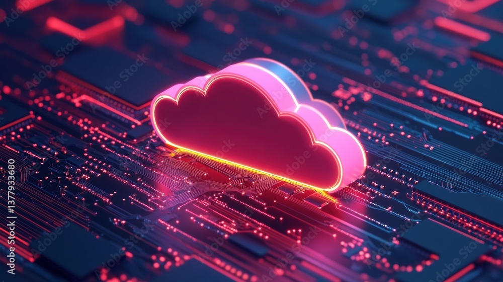 Poster a vibrant digital illustration of a glowing cloud symbol on a circuit board background, representing