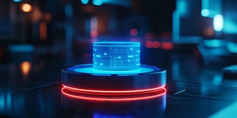 Futuristic hologram displaying data on a platform with neon lights