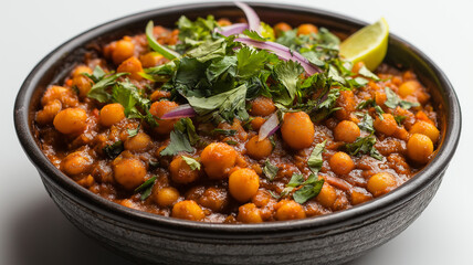 bowl of flavorful Indian chana dal garnished with fresh cilantro and red onion slices, accompanied by lime wedge, showcasing vibrant and appetizing presentation