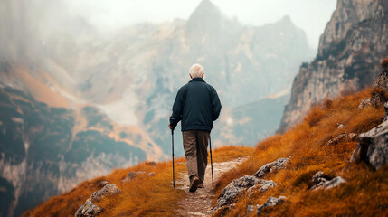 Obraz premium Elderly man hiking on a mountain trail during autumn in a misty landscape