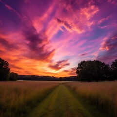 Obraz premium Vibrant Sunset Sky Over Grassy Field Path