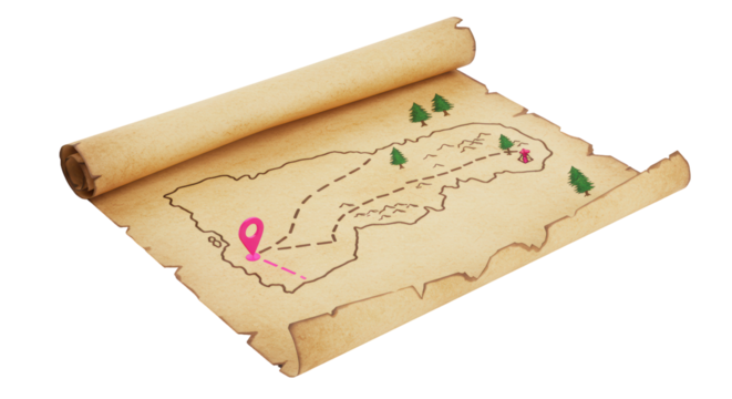 Isolated Rolled Antique Treasure Map with Pink Pin and Green Trees for Adventure