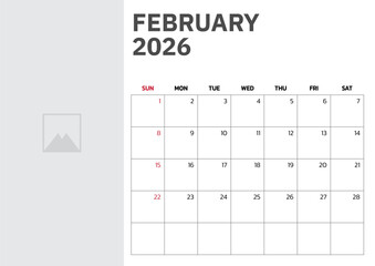 February 2026 Calendar. Week start on Sunday. Desk calendar 2026 design, simple and clean design, Wall calendar for print, digital calendar, Corporate design planner template vector.
