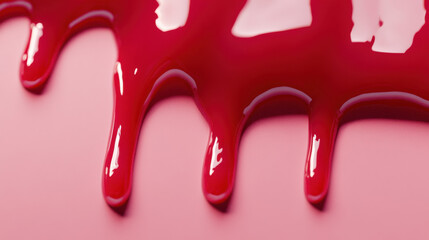 Abstract melted candy glaze dripping downward, vibrant cherry red color with jelly-like gloss, creamy pastel backdrop in blush pink