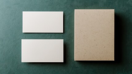 Three blank cards displayed on a textured green background, showcasing minimalist design and potential for customization.