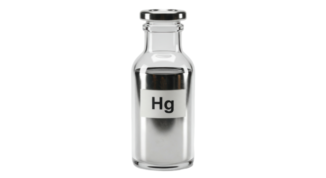 Isolated Bottle of Liquid Mercury with Hg Chemical Symbol for Science