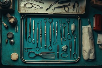 Vintage medical instruments in a tray