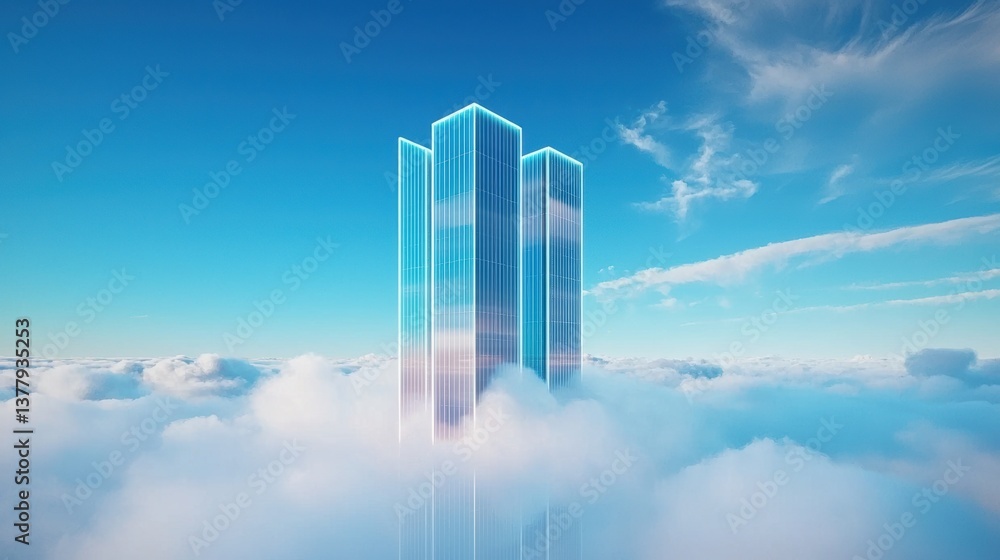Poster a futuristic skyscraper rises through soft clouds under a serene blue sky, creating a dreamlike atmo