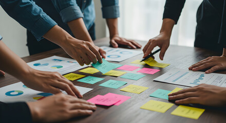 Diverse Team Collaborating on Project Plan Using Sticky Notes and Charts on Wooden Table During a Business Meeting