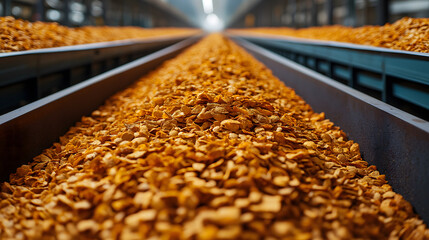 conveyor belt in modern factory transports large quantity of golden cornflakes, showcasing efficient food production. scene highlights industrial precision and abundance