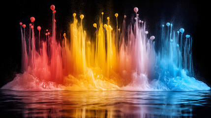 Vibrant splashes of neon paint in red, yellow, and blue erupt against black background, creating dynamic and colorful display. paint forms intricate patterns as it interacts with water