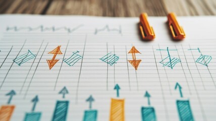 A close-up of colorful financial charts and diagrams sketched on paper, accompanied by two orange paper clips.