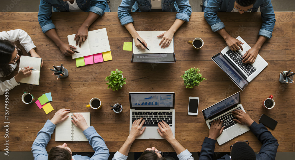 Poster diverse team collaborating around wooden table with laptops and notebooks at an office during a busi