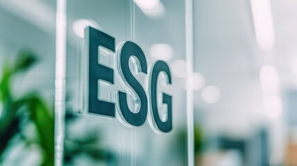 A close-up view of an office sign displaying the letters "ESG," surrounded by a blurred modern workspace backdrop.