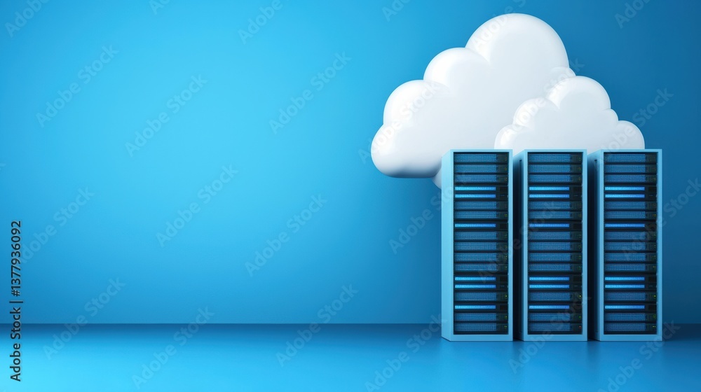Poster a modern cloud computing illustration featuring three server racks against a bright blue backdrop wi