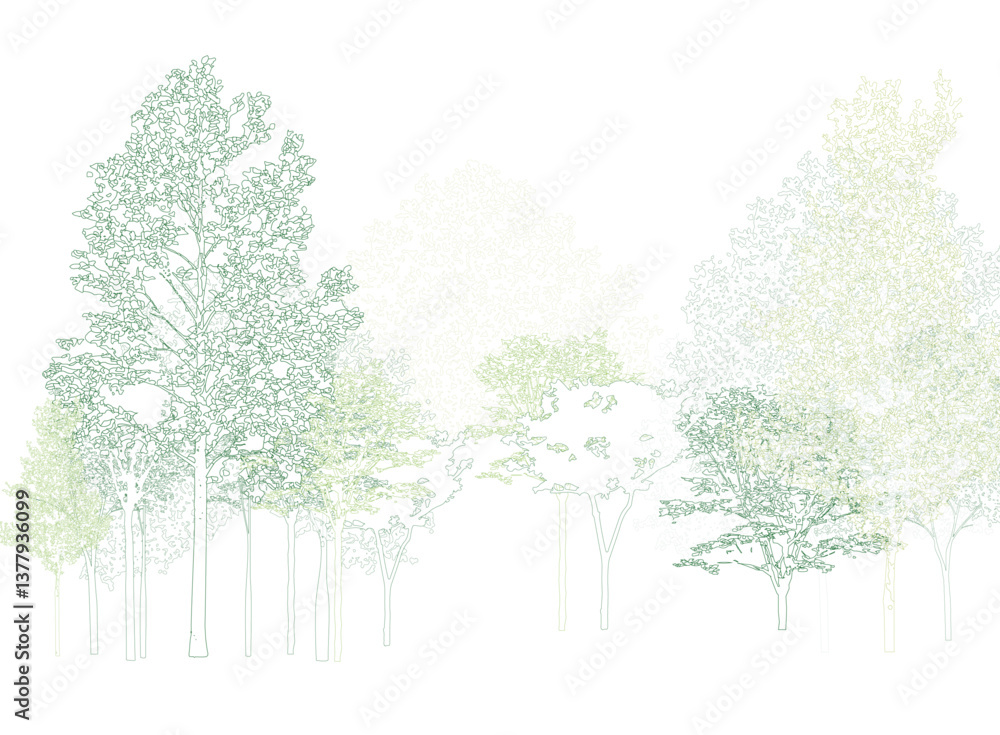 Fototapete architectural drawings, minimal style cad tree line drawing, side view, set of section wetland fores