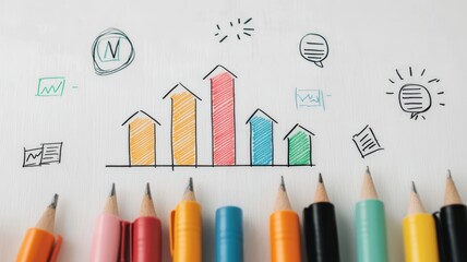 A colorful illustration of a bar graph with vibrant pencils below, depicting growth and creativity in data representation.