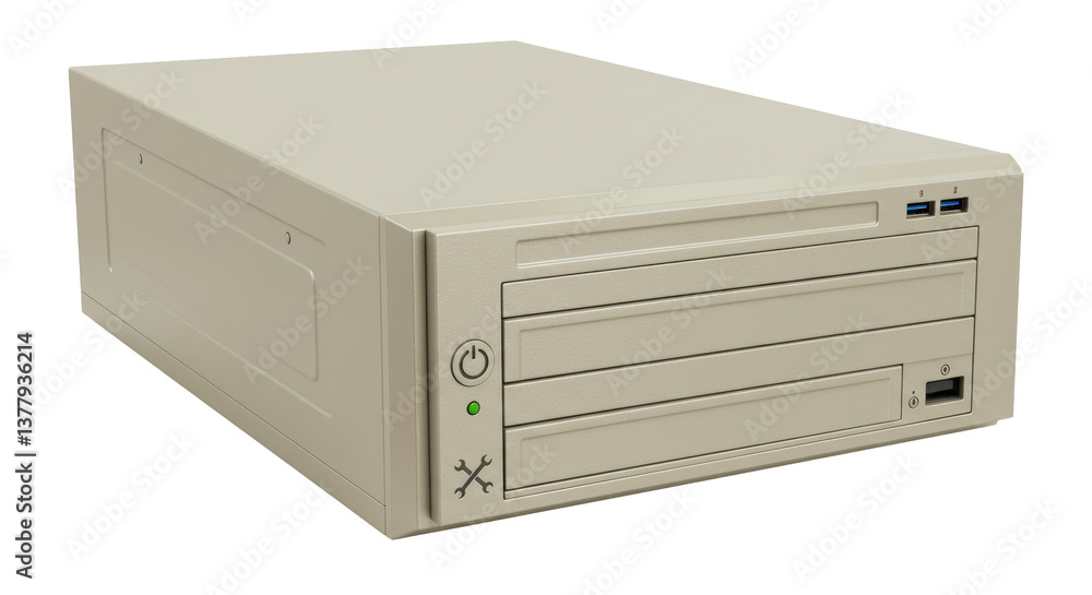 Poster isolated beige computer case illustrating technology and storage