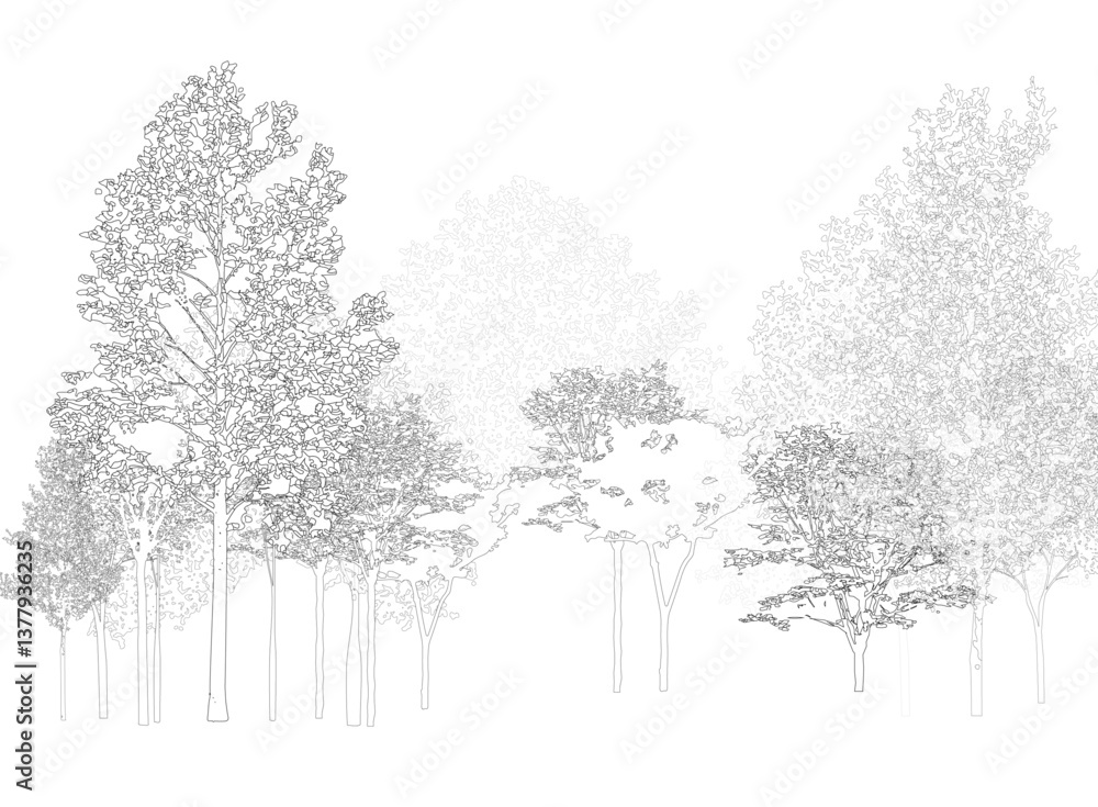 Aufkleber architectural drawings, minimal style cad tree line drawing, side view, set of section wetland fores
