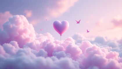 Heart Balloon Flying Above Pastel Clouds with Birds in Dreamy Sky © Morits Art