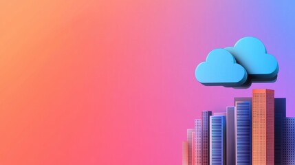 A digital illustration featuring blue clouds over a cityscape with a gradient background, symbolizing technology and urban life.