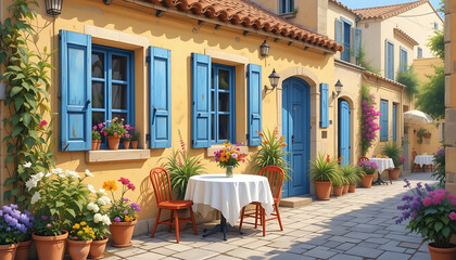 Fototapeta premium Charming European Cafe with Blue Shutters and Outdoor Seating
