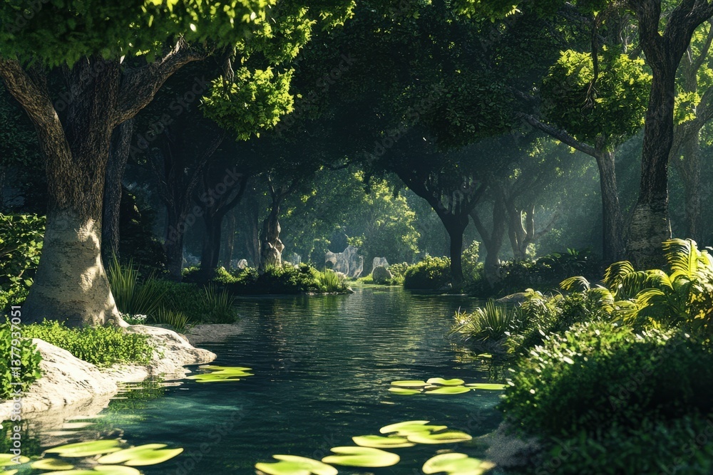 Aufkleber serene forest creek with lily pads and sun filtering through the trees in tranquil setting