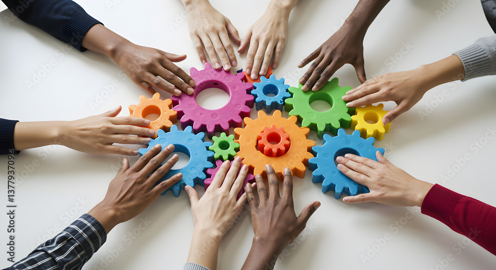 Poster diverse hands surrounding colorful gears on white table symbolizing teamwork and collaboration