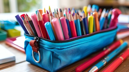 Fototapeta premium A half-open pencil case is sitting on a wooden table. The case is blue and unzipped. Many colored pencils and pens are sticking out of the case.