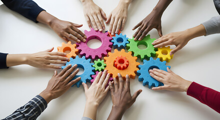 Diverse Hands Surrounding Colorful Gears on White Table Symbolizing Teamwork and Collaboration
