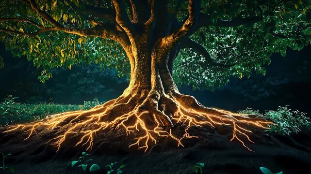 A large old tree of life with its roots visible beneath the soil, the roots with neon light at night	