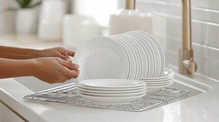 Hands arranging clean white plates on a drying rack in a modern kitchen setting.