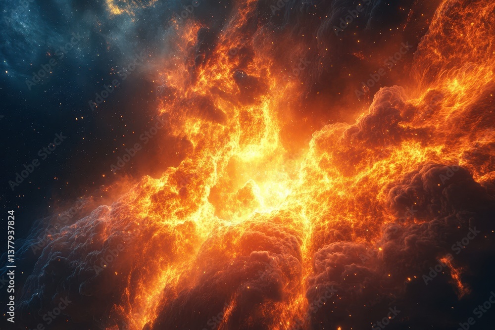 Poster explosive cosmic event illuminating a nebula in deep space filled with fiery colors