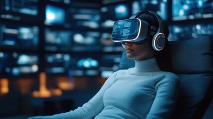 A woman wearing a VR headset and headphones, immersed in a digital world, surrounded by screens displaying various images.