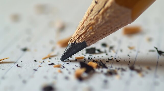 A close-up image of a pencil with a broken tip. The pencil is lying on a piece of white paper. The image is well-lit, and the colors are vibrant.