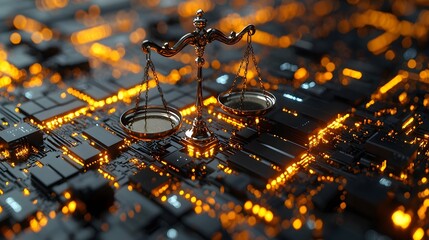Scales of digital justice hover over a futuristic technological landscape
