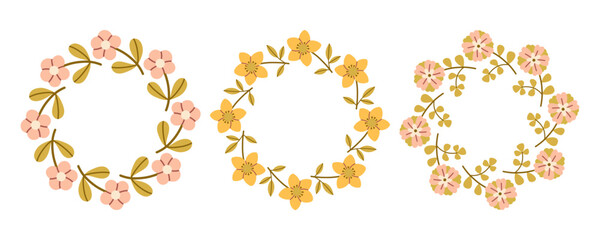 Spring flower circle frame set. Floral circle frame. Hand drawn botanical round border, laurel, wreath with branches, leaves and flowers illustration for wedding invitation, card, logo