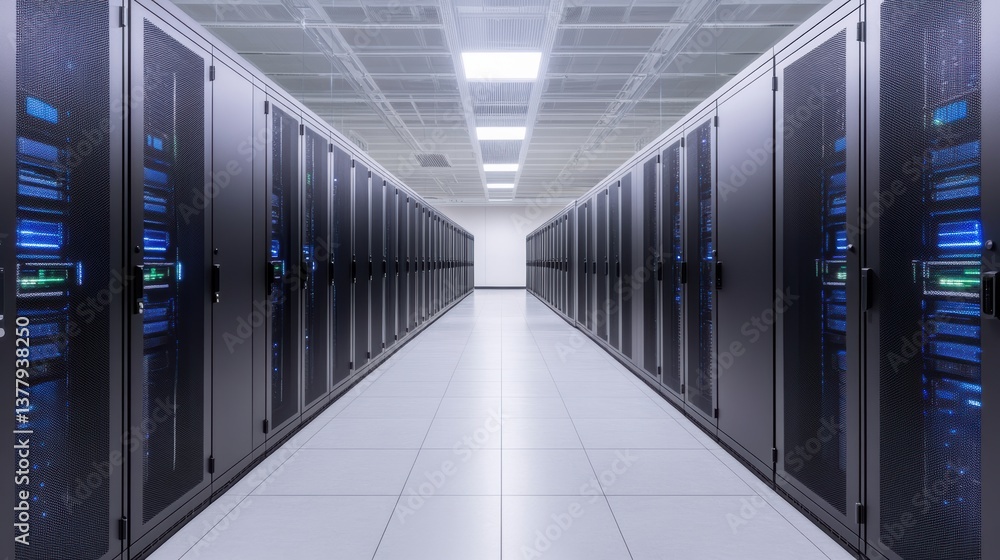 Poster a modern server room featuring rows of black server racks with illuminated components, highlighting 