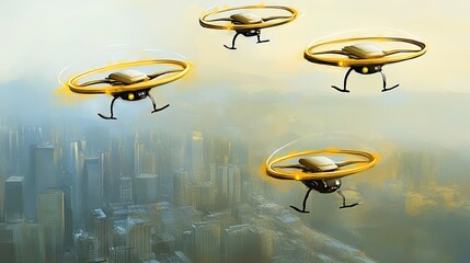 Fototapeta premium Four drones fly over a hazy cityscape