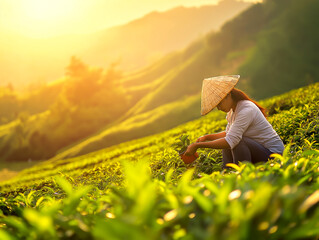 Fototapeta premium Woman harvesting tea leaves in mountainous plantation at sunset