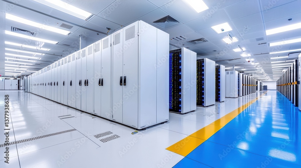 Poster a modern data center featuring rows of servers in a clean, well-lit environment with an organized la