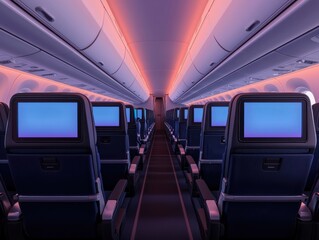 Fototapeta premium Spacious airplane cabin featuring modern seats and vibrant LED lighting.
