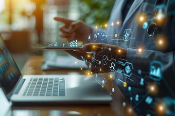 Doctor working digital tablet for medical record of patient and a sheet of blank white paper for mockup business,