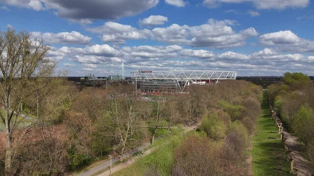 Aerial view of Park and BayArena, Home stadium of football club Bayer 04 Leverkusen, Germany