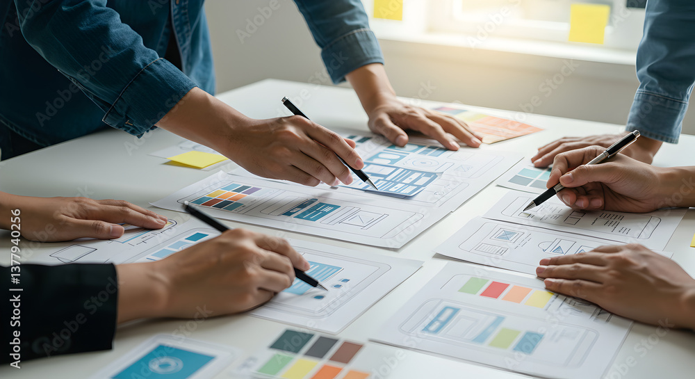 Poster collaborative design team brainstorming ideas with colorful mockups on white tabletop in bright offi