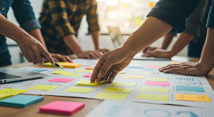 Obraz premium Collaborative Business Team Brainstorming with Yellow Sticky Notes on White Table at Bright Modern Office