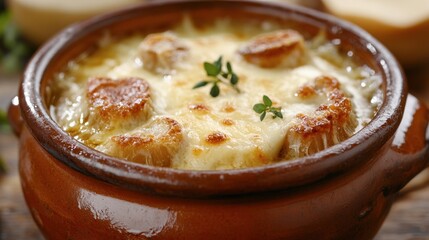 A bowl of creamy French onion soup with melted cheese on top.